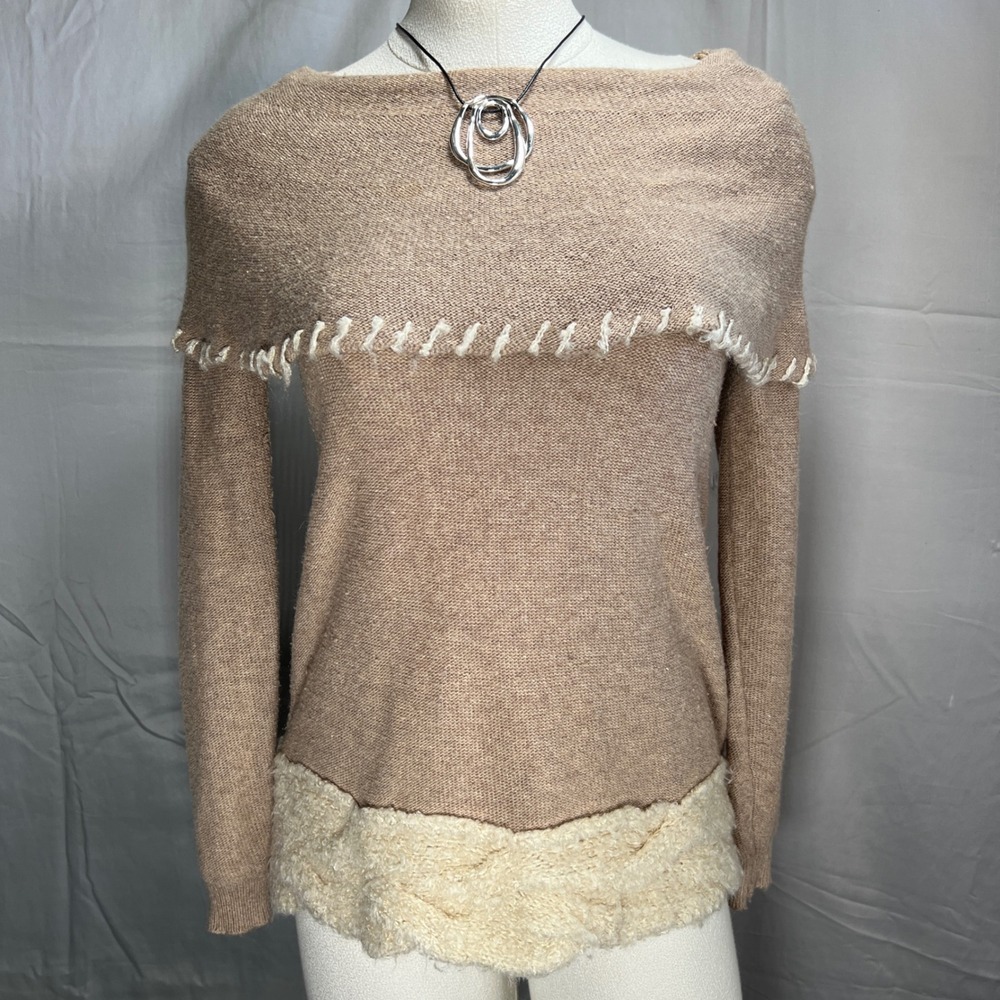 Cliche Couture Women's XS Beige Wool Blend Off Shoulder Sweater w/ Textured Trim